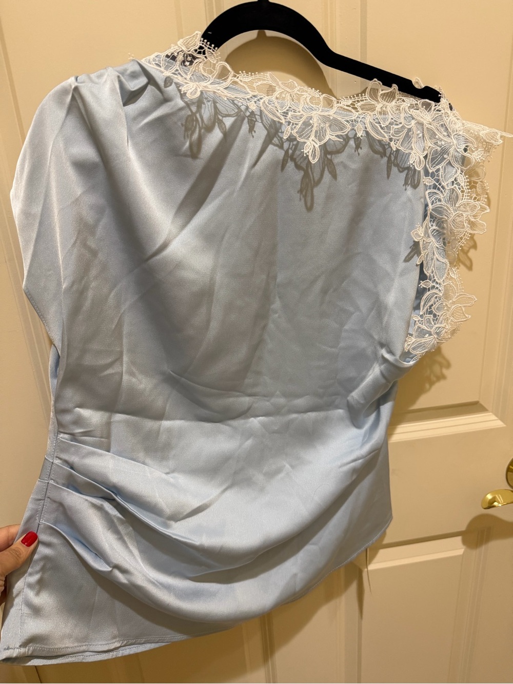 Commense Pale Blue Satin Top with White Lace Yoke - Picture 2 of 4